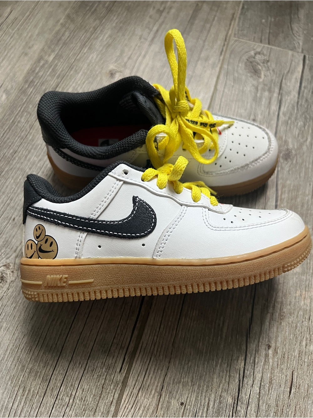 Nike Kids White Sneakers with Yellow Laces and Gum Sole